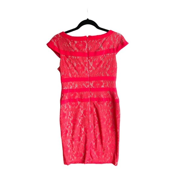Adrianna Papell Size 6 Red/Orange Cap Sleeve Lace Overlay Sheath Wide Neck Dress - Picture 6 of 6